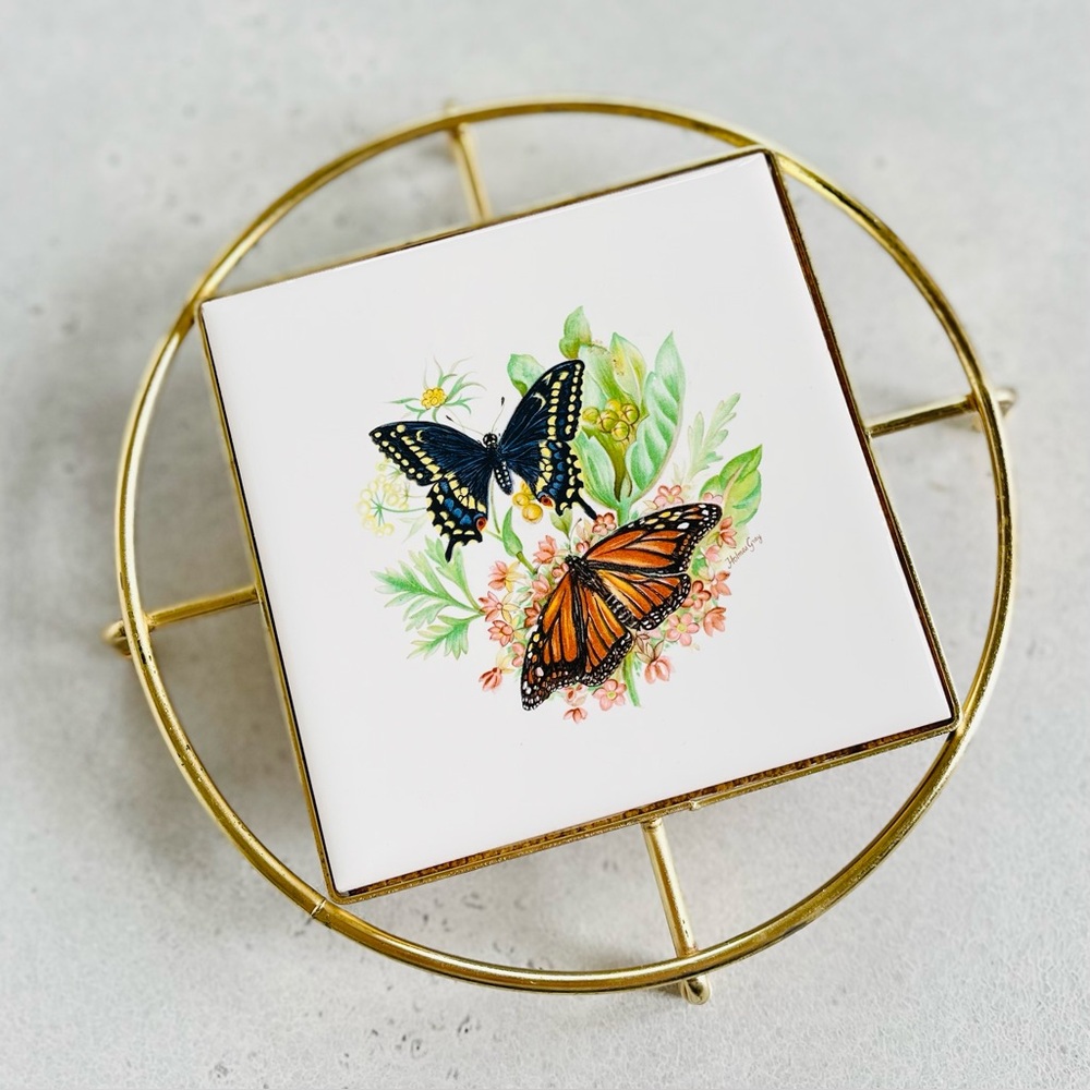 Vintage Gold Tone Metal Decorative Holmes Gray Butterfly Tile Trivet